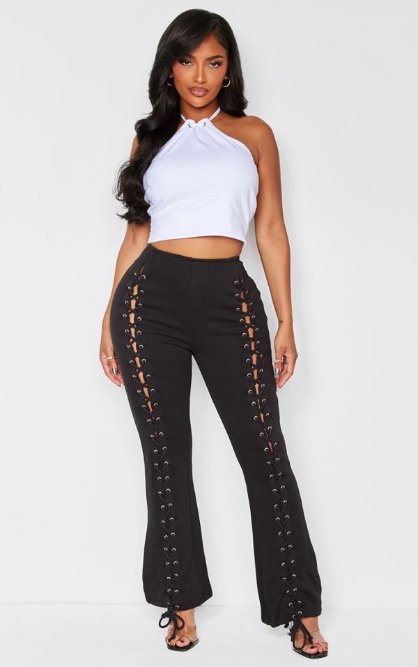 Shape Black Lace Up Front Wide Leg Sweatpants