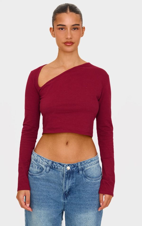 Burgundy Cotton Asymmetric Neck Detail Long Sleeve Top