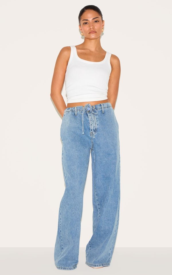 Petite Light Blue Denim Relaxed Drawstring Wide Leg Jeans