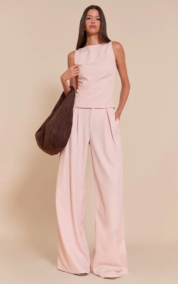 Pale Pink Tailored Woven Wide Leg Pants