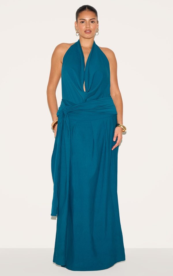 Plus Teal Floaty Woven Cowl Neck Low Back Maxi Dress