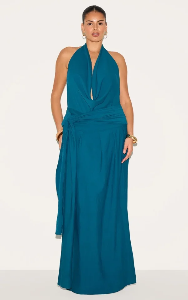 Plus Teal Floaty Woven Cowl Neck Low Back Maxi Dress