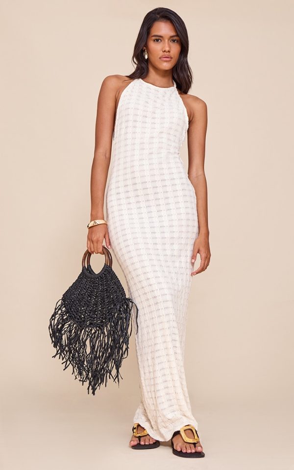 Cream Textured Halterneck Tie Low Back Sleeveless Maxi Dress