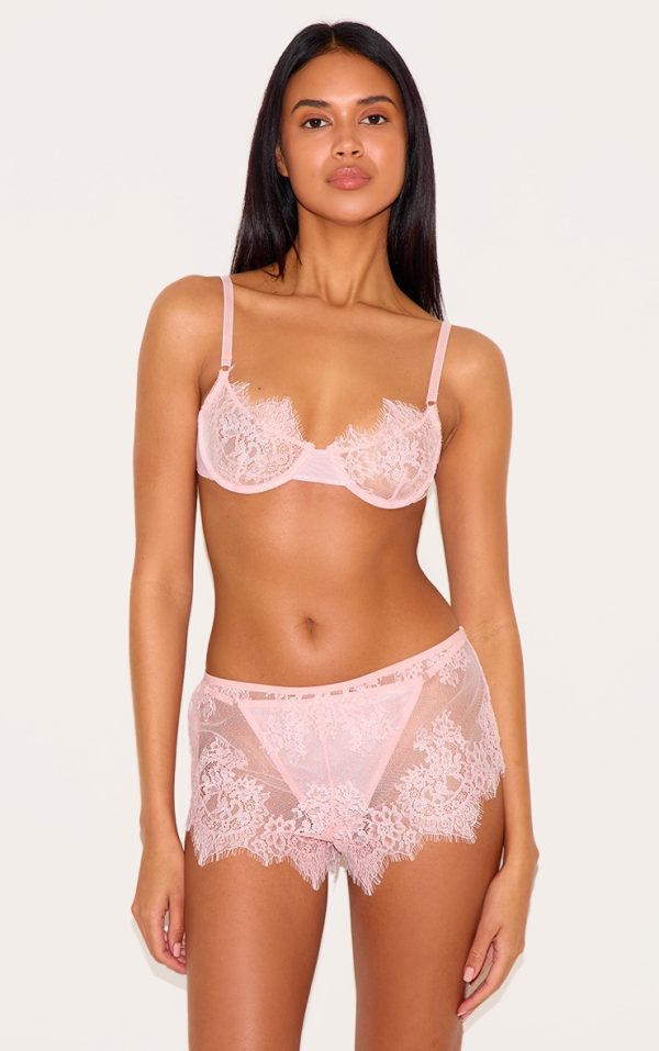 Pink Eyelash Lace Shorts 3 Piece Lingerie Set
