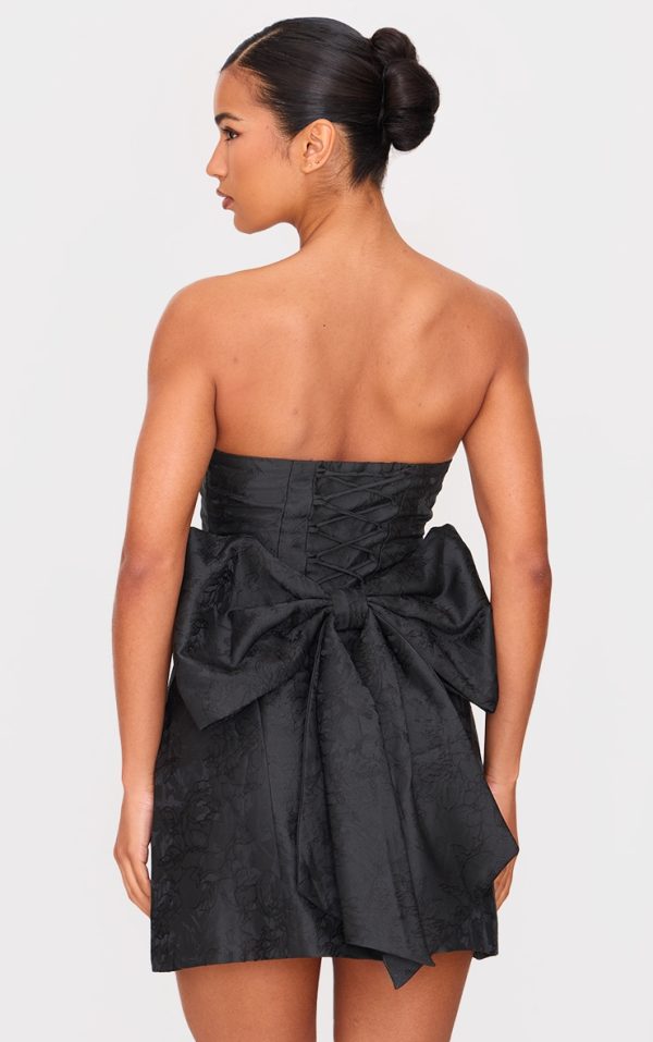 Black Satin Jacquard Floral Oversized Bow A Line Shift Dress