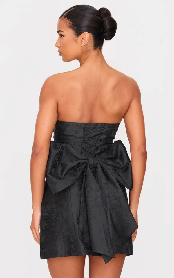 Black Satin Jacquard Floral Oversized Bow A Line Shift Dress