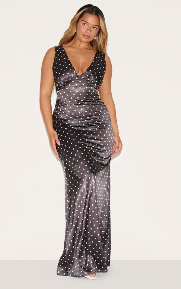 Shape Chocolate Satin Polka Dot Plunge Front Maxi Dress