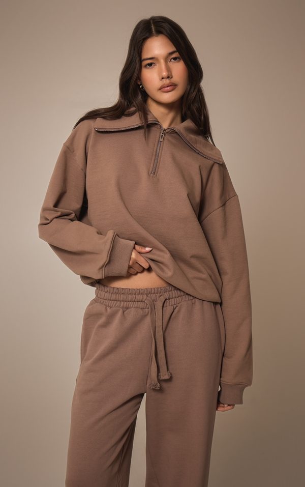 Mocha Premium Loopback Quarter Zip Foldover Sweatshirt