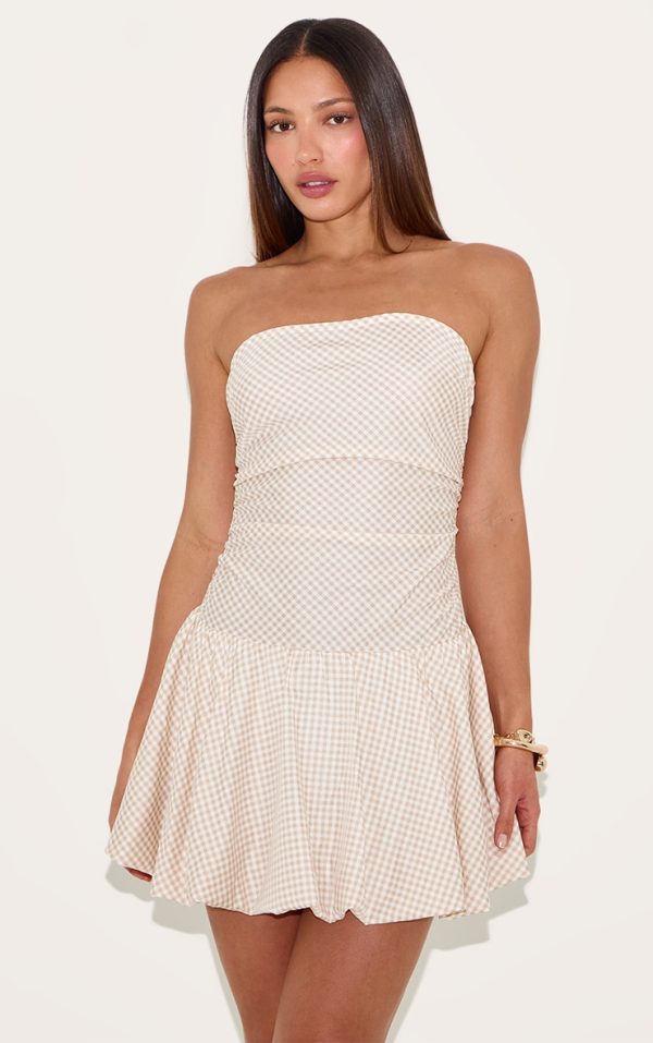 Tall Nude Bandeau Check Puffball Mini Dress