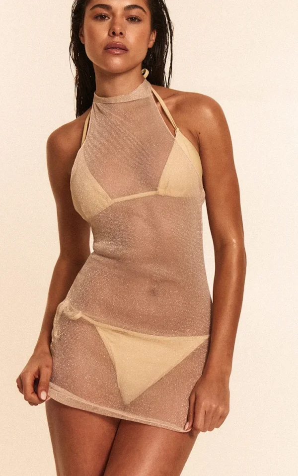 Gold Mesh Lurex Mini Beach Dress