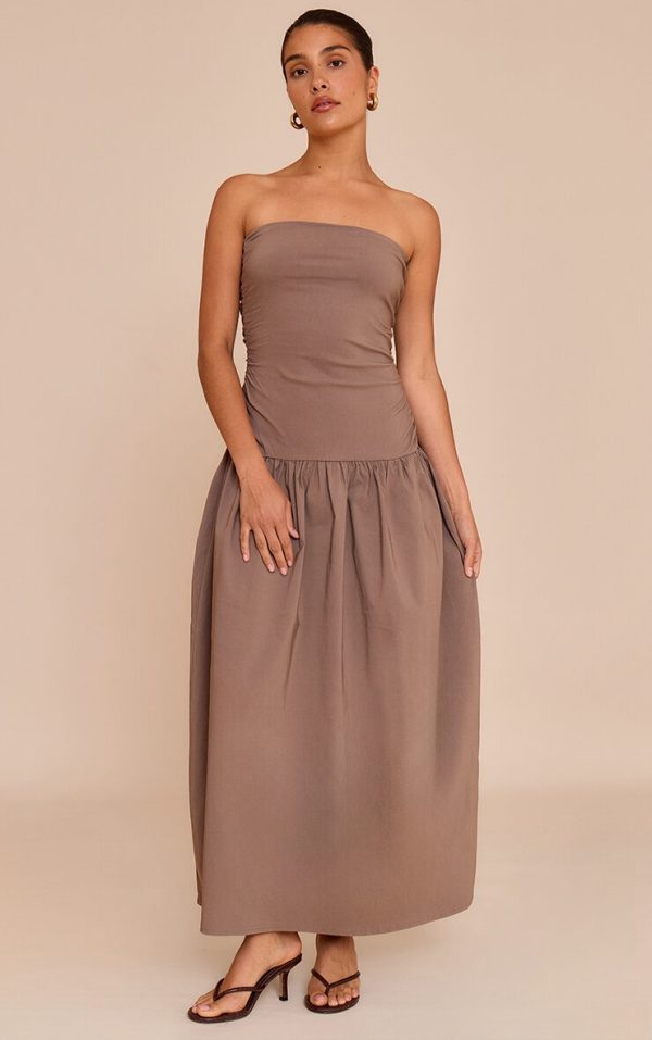 Petite Taupe Stretch Woven Bandeau Ruched Maxi Dress