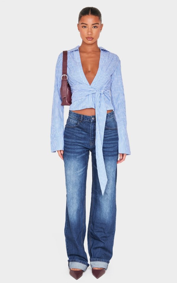 Blue Striped Cinched Tie Waist Shirt