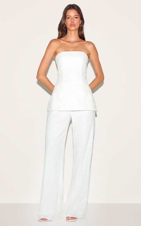 White Lace Bandeau Overlay Straight Leg Jumpsuit