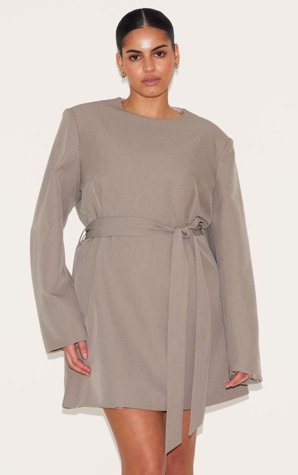Plus Grey Tailored Belt Detail Long Sleeve Shift Dress