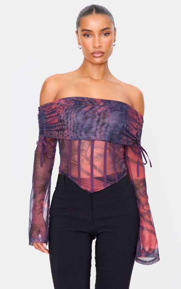 Purple Mesh Bardot Boning Corset