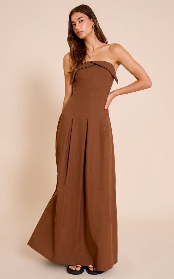 Chocolate Bandeau Pleated Midaxi Dress