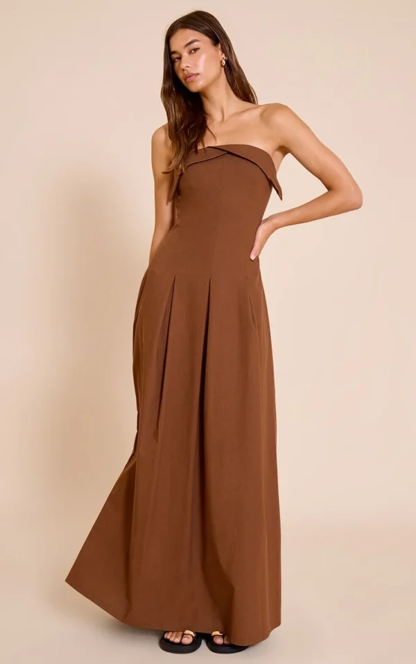Chocolate Bandeau Pleated Midaxi Dress