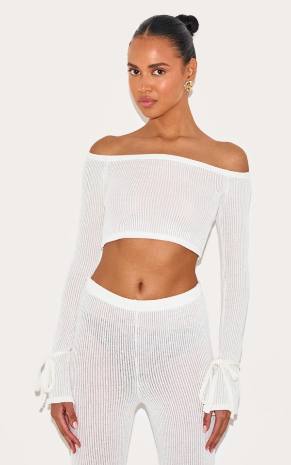 Cream Sheer Soft Rib Bardot Long Sleeve Crop Top