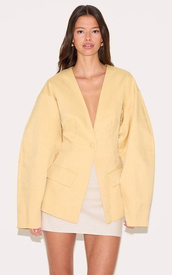 Butter Yellow Cocoon Sleeve Cinched Waist Pocket Blazer