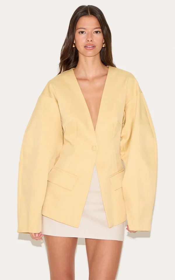 Butter Yellow Cocoon Sleeve Cinched Waist Pocket Blazer
