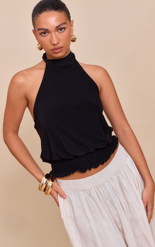 Black Double Layer Slinky Shirred Hem Halterneck Top