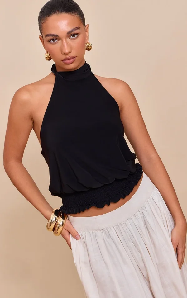 Black Double Layer Slinky Shirred Hem Halterneck Top