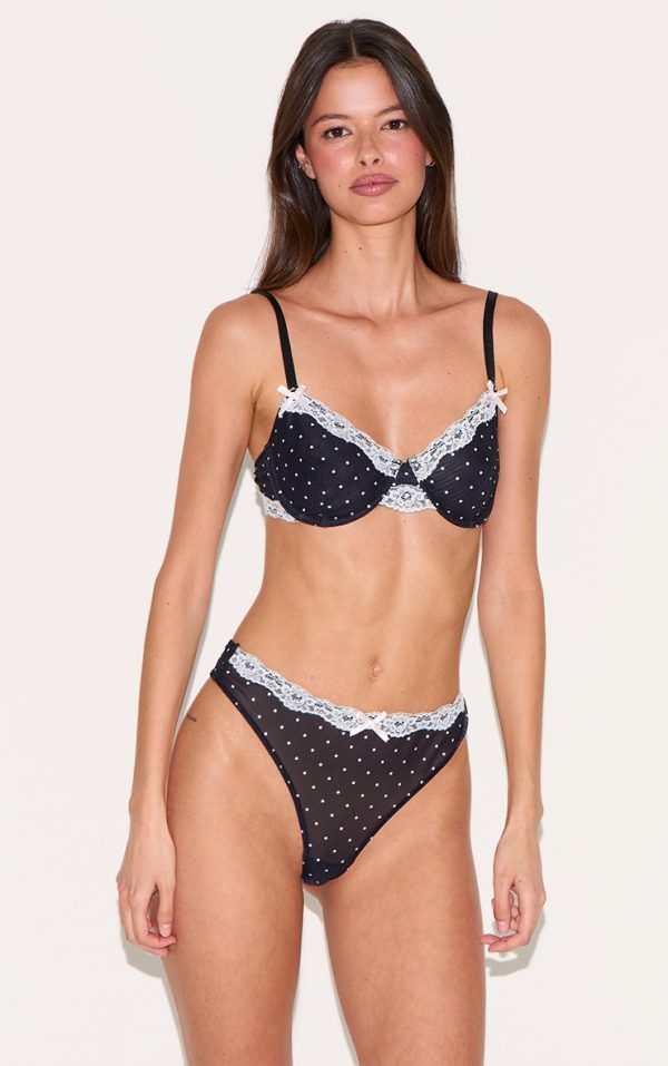 Black Polka Dot Lace Trim Underwired Lingerie Set