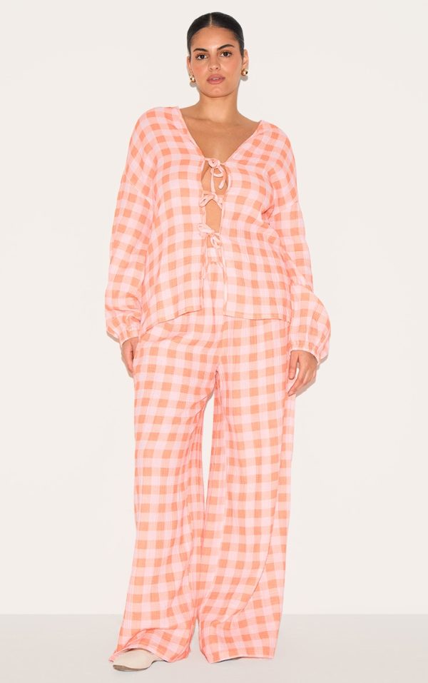 Plus Orange Checked Cheesecloth Tie Waist Wide Leg Pant