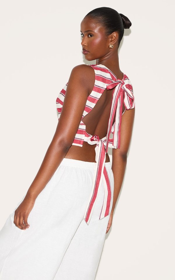 Tomato Red Striped Cotton Tie Back Detail Top