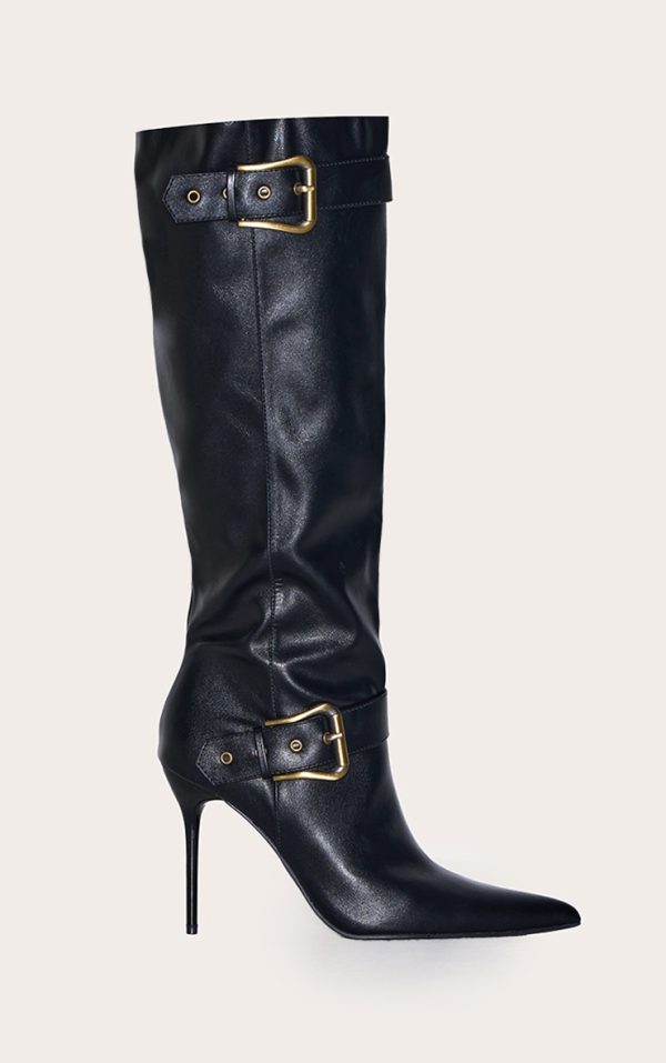 Black PU Knee High Point Toe Buckle High Stiletto Knee High Boots
