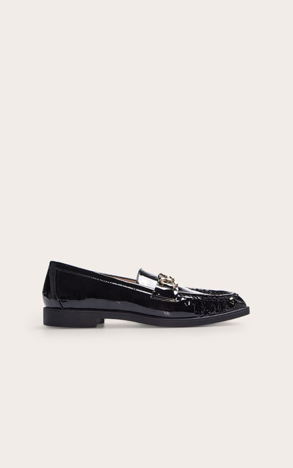 Black Patent Loafer With Gold Buckle Detail