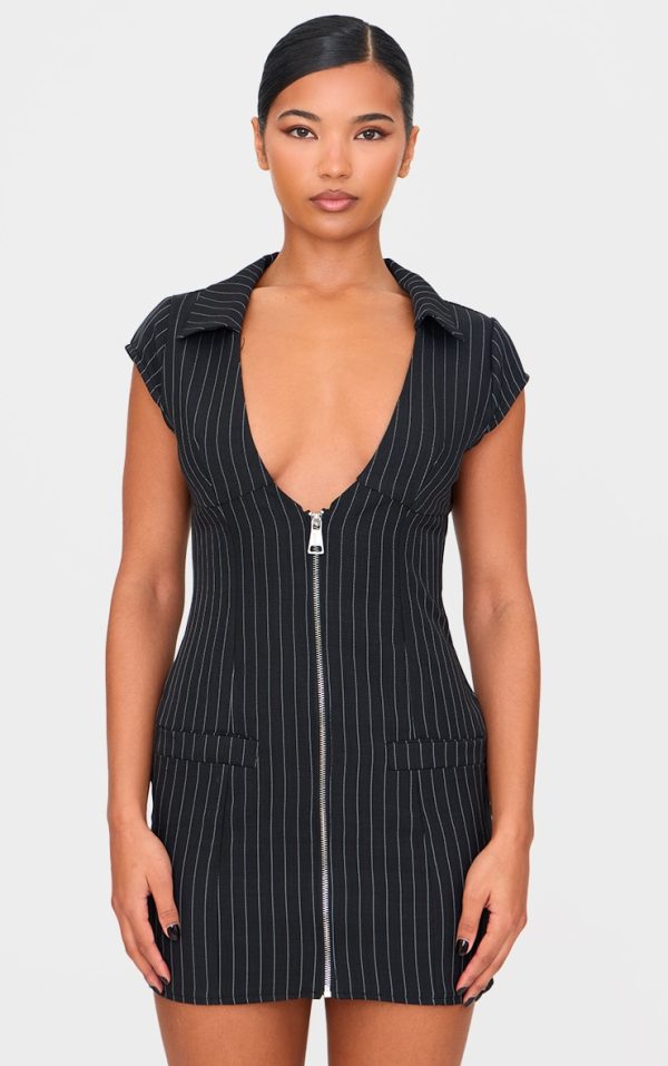 Black Pinstripe Pocket Detail Zip Up Mini Dress