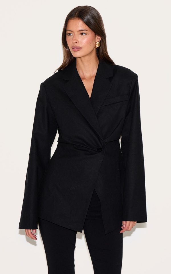 Black Linen Tailored Cinched Waist Blazer