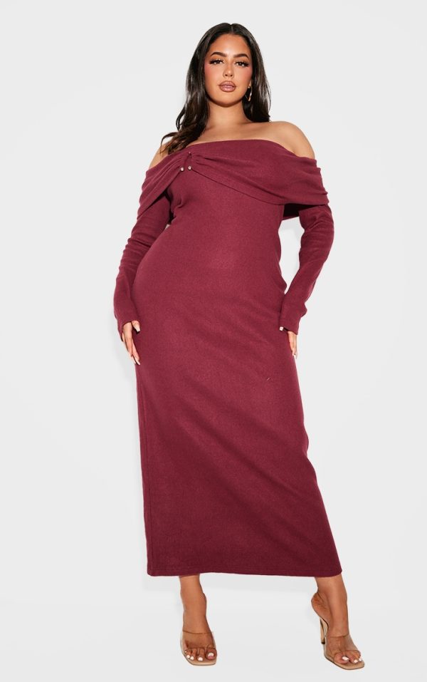 Plus Burgundy Heavy Brushed Rib Bardot Trim Maxi Dress