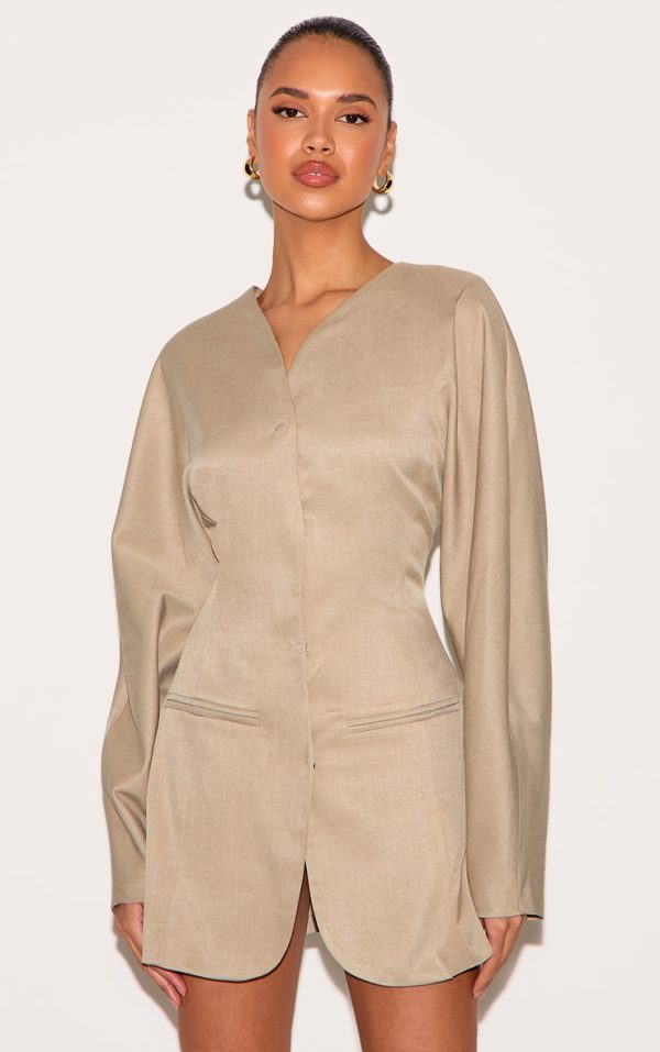 Clay Woven Balloon Sleeve Collarless Blazer Dress