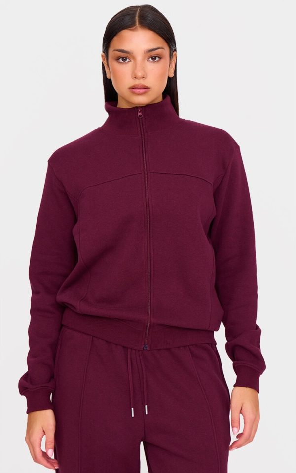 Burgundy Seam Detail Zip Through High Neck Sweatshirt