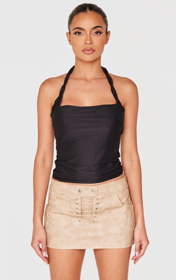 Black Halter Neck Twist Strap Detail Crop Top