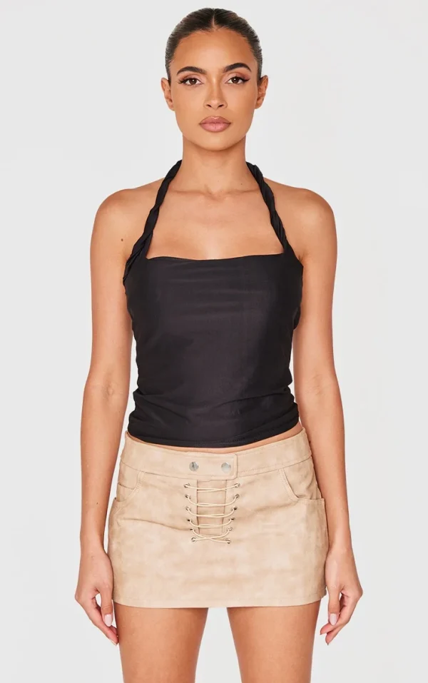 Black Halter Neck Twist Strap Detail Crop Top