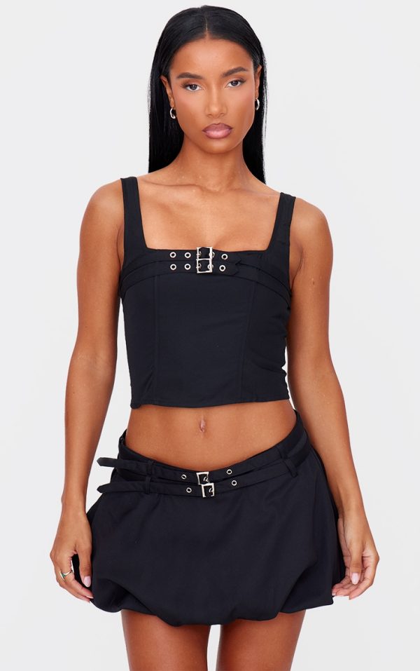 Black Woven Tailored Belt Detail Crop Top