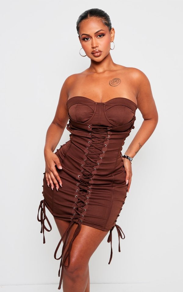 Shape Chocolate Woven Lace Up Corset Bandeau Bodycon Dress