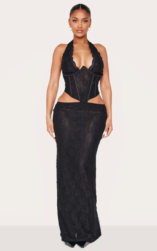 Shape Black Lace Halter Neck Plunge Corset Maxi Dress