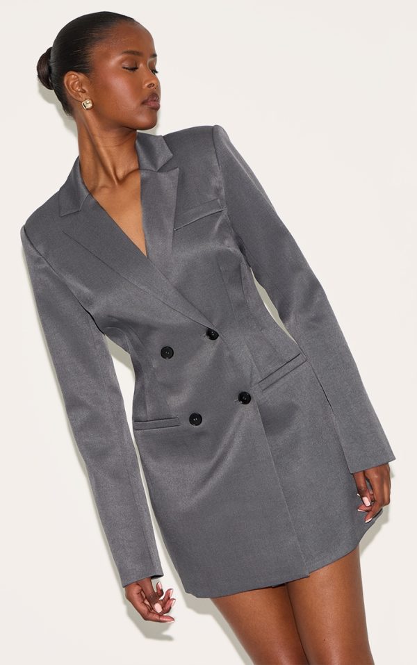 Charcoal Tailored Long Sleeve Cinched Waist Blazer Dress