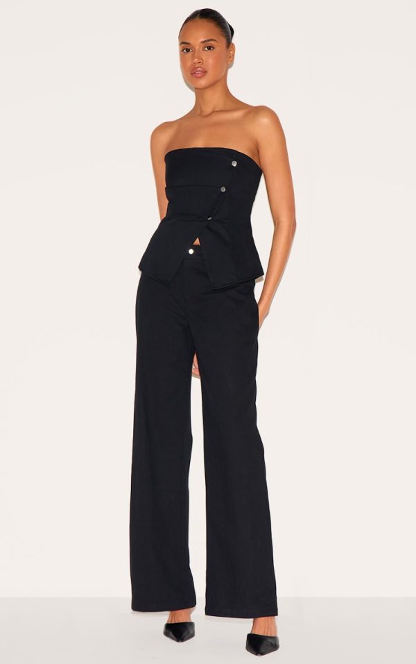 Black Twill Popper Detail Wide Leg Pants