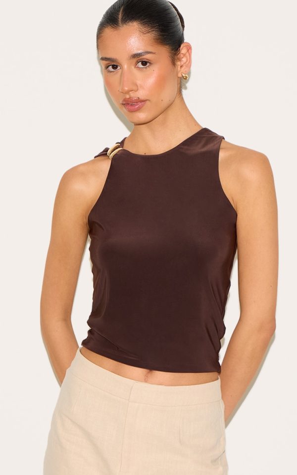 Tall Deep Chocolate Double Layer Slinky Trim Detail Long Vest Top