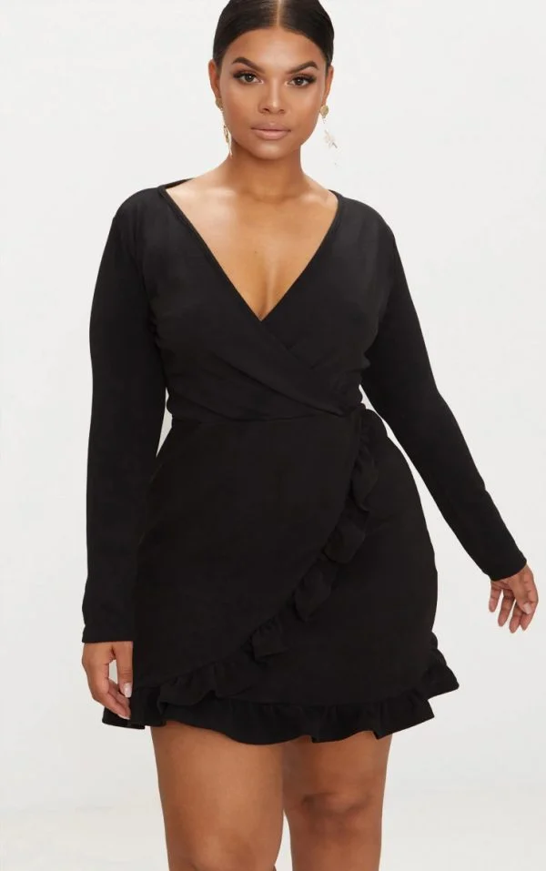 Plus Black Long Sleeve Ruffle Wrap Dress