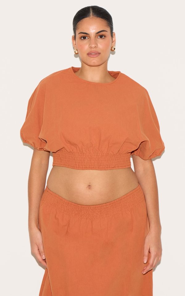 Plus Burnt Orange Sheered Waist Cap Sleeve Crop Top