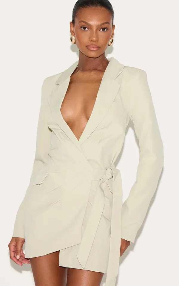Sage Plunge Tie Side Blazer Dress