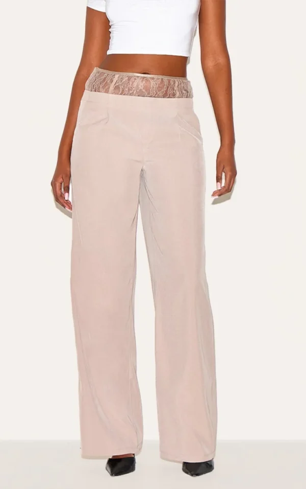 Taupe Lace Waist Detail Woven Wide Leg Pants