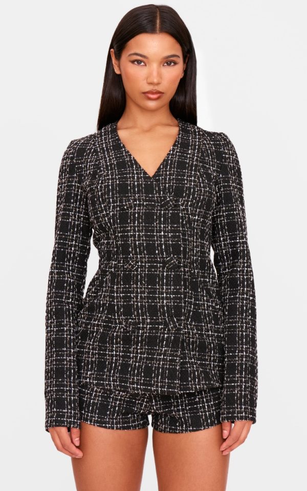 Black Tweed Long Sleeve Romper