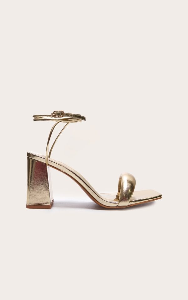 Gold Wide Fit Pu Square Toe Quilted Low Block Heeled Sandals